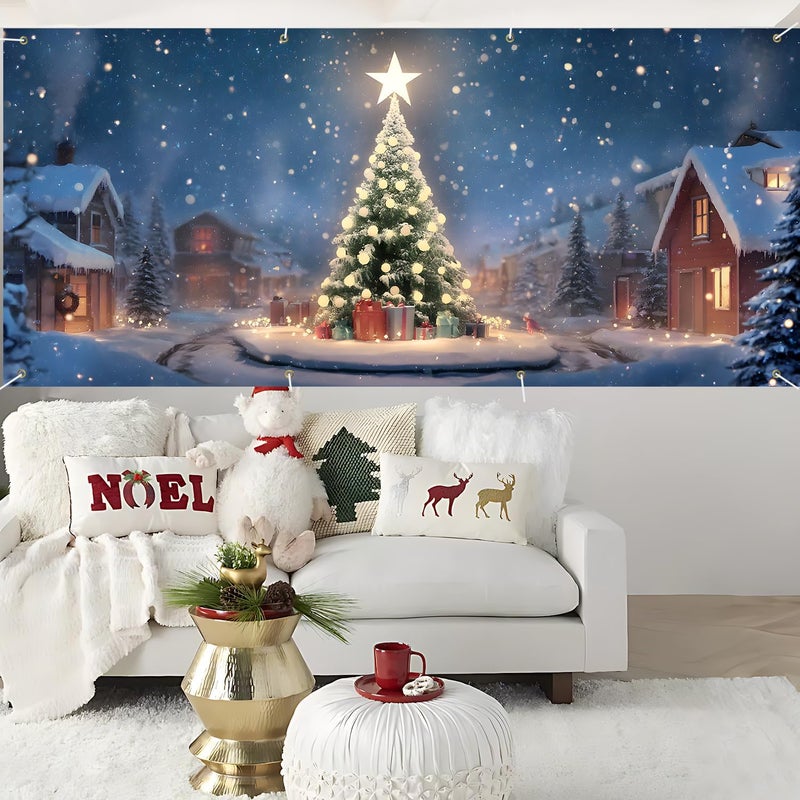 ANNA QUEEN Christmas Garage Door Banner 6x13FT, Night Village Christmas Tree Scene, Large Holiday Garage Door Cover for Outdoor Xmas Decorations, Winter Wonderland House Front & Driveway Decor - Image 5